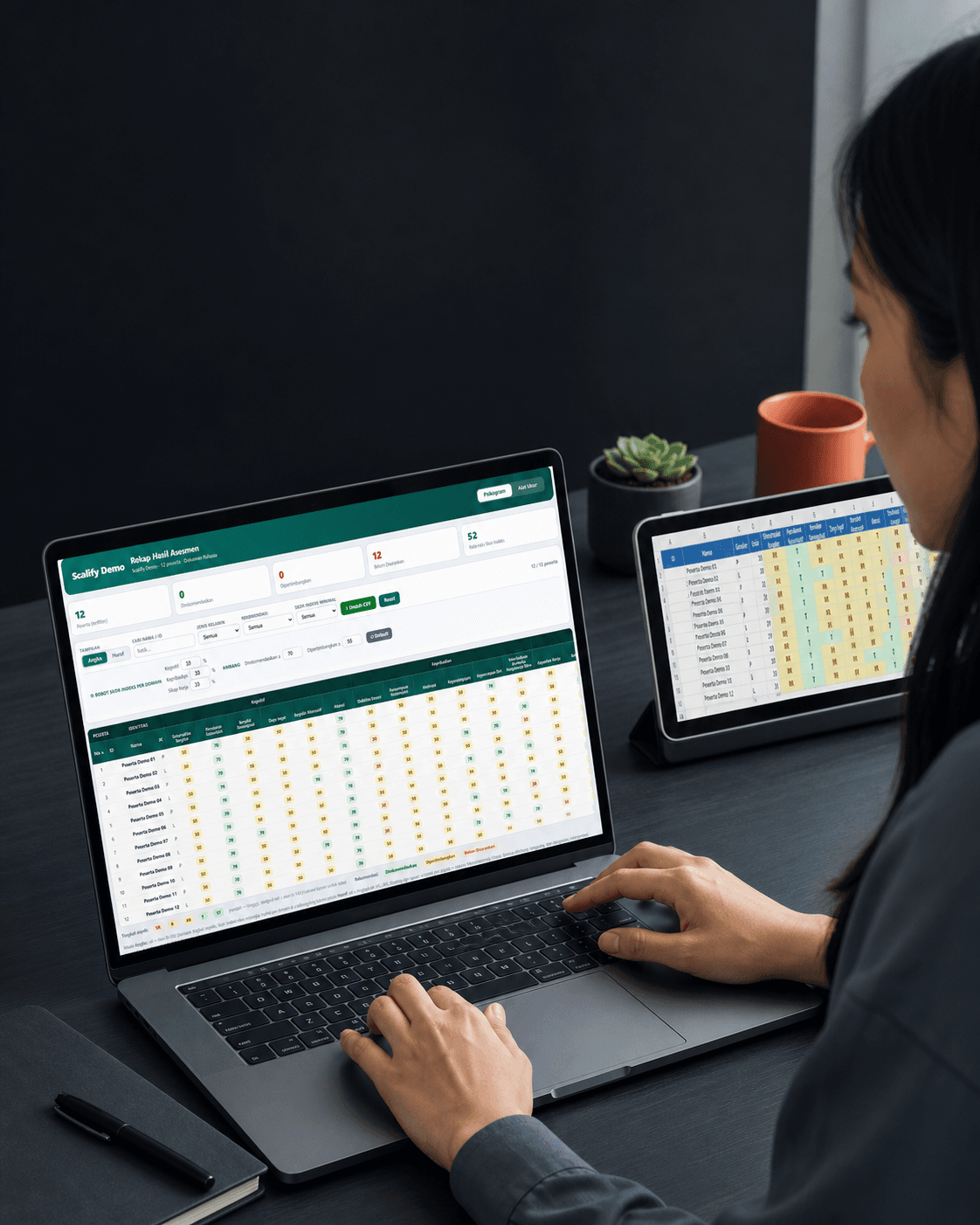 Dashboard hasil asesmen dan rekap Excel multi-peserta